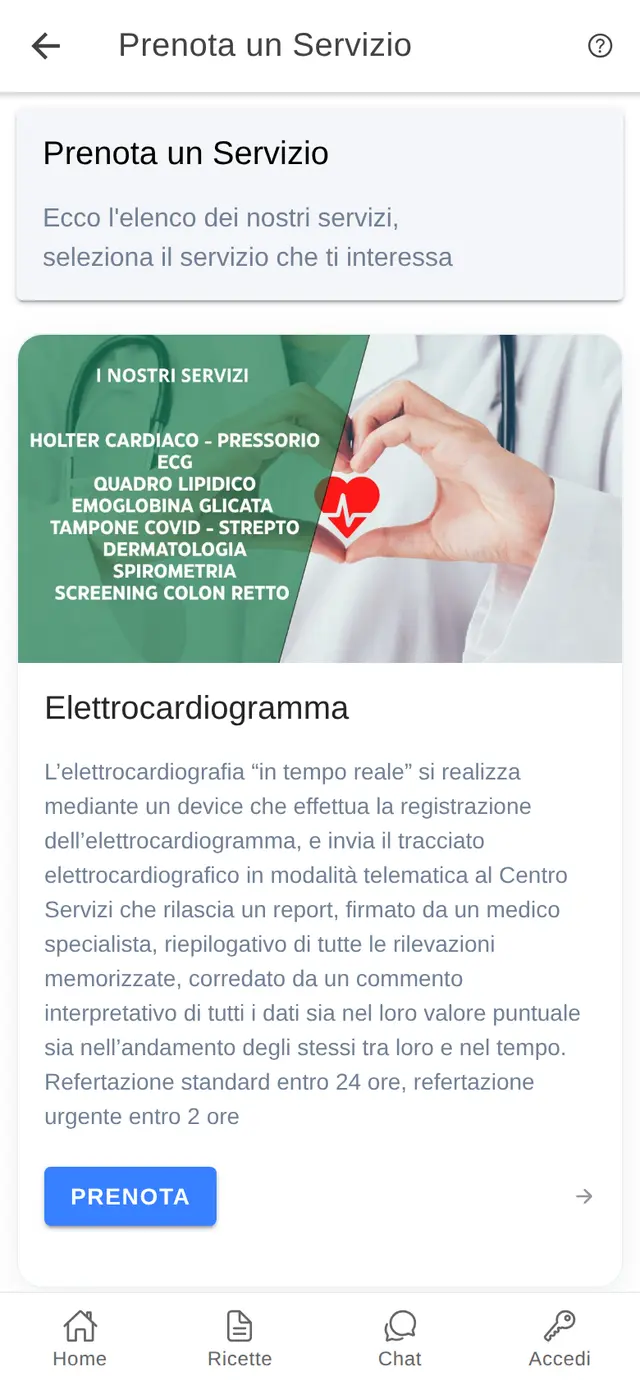 Prenotazione servizio dall'app con descrizione e pulsante prenota
