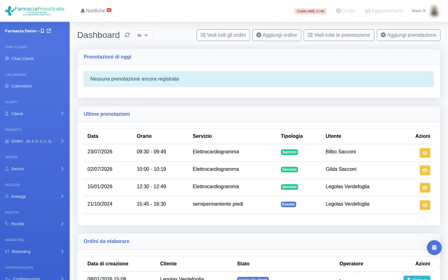 Panoramica della dashboard: prenotazioni di oggi, ultime prenotazioni e ordini da elaborare
