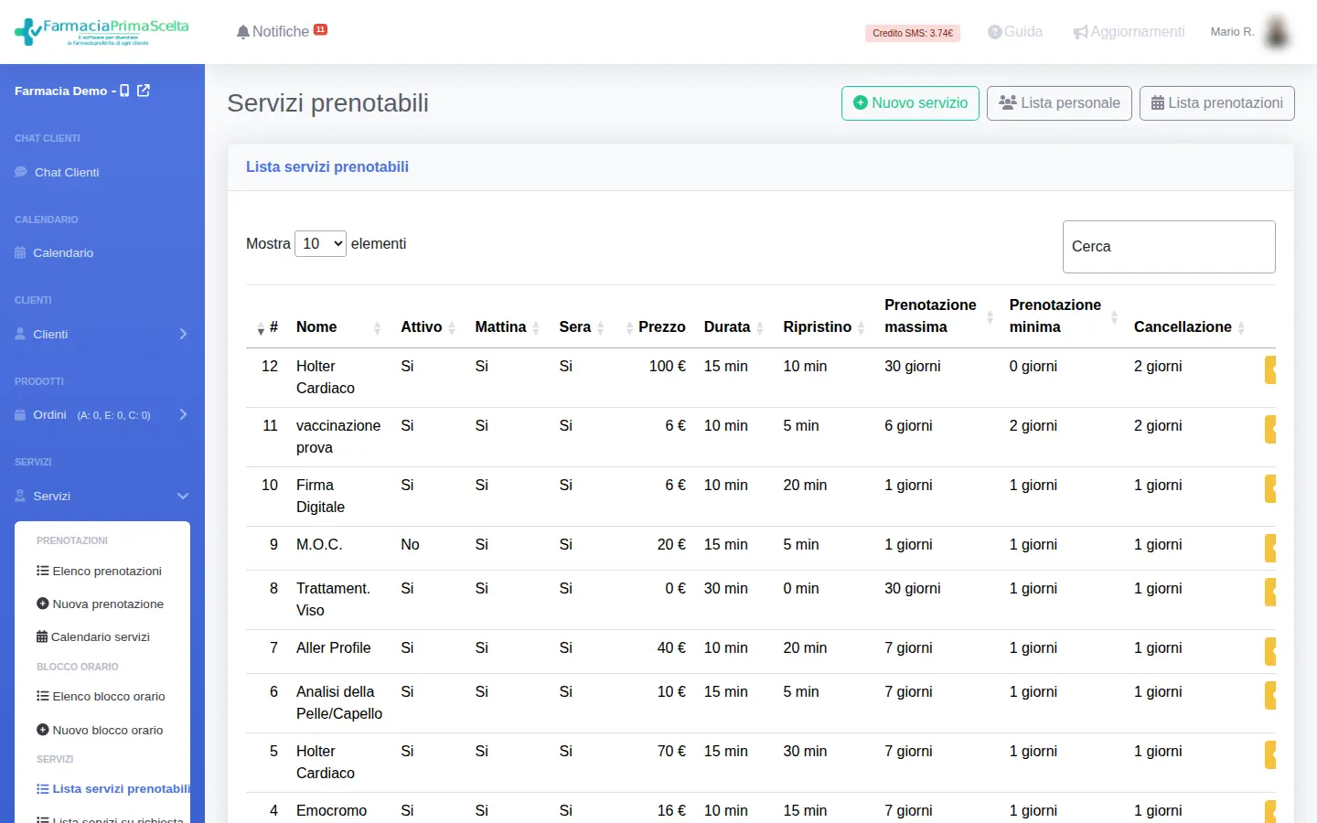 Catalogo dei servizi prenotabili con prezzi, durate e regole di prenotazione